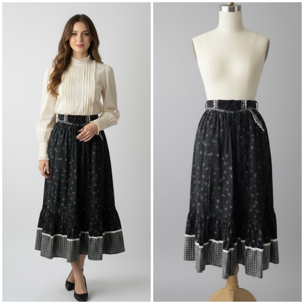 NOS Jessica’s Gunnies Gunne Sax Blue Calico Floral Plaid Prairie Skirt Sz 9